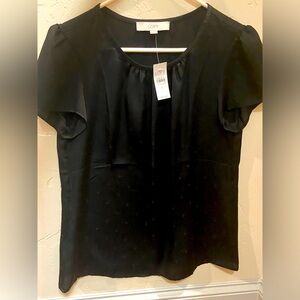 NWT Loft Black Satin Top w/Tonal Polkadots